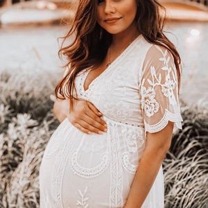 pink blush white lace dress